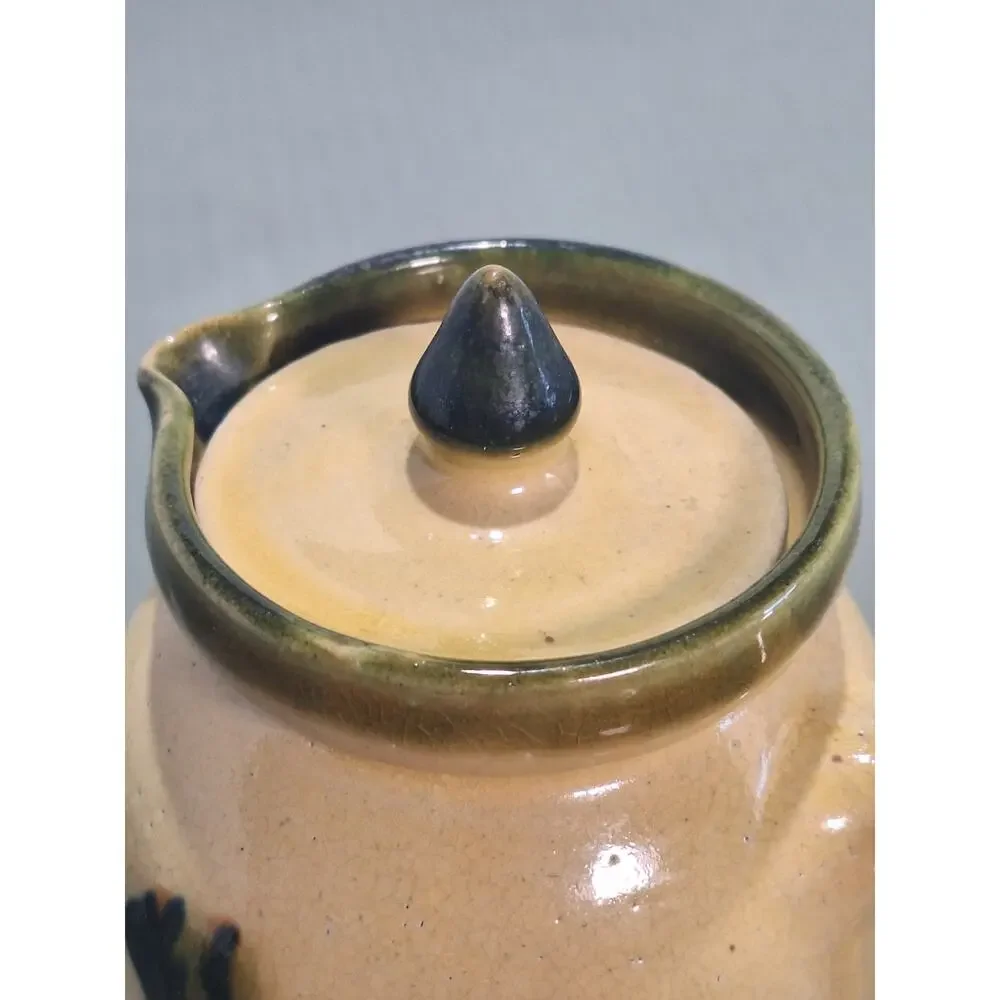 Vintage Watt Style Rooster Syrup Pitcher Yellowware Pottery Lid USA - Amazing!